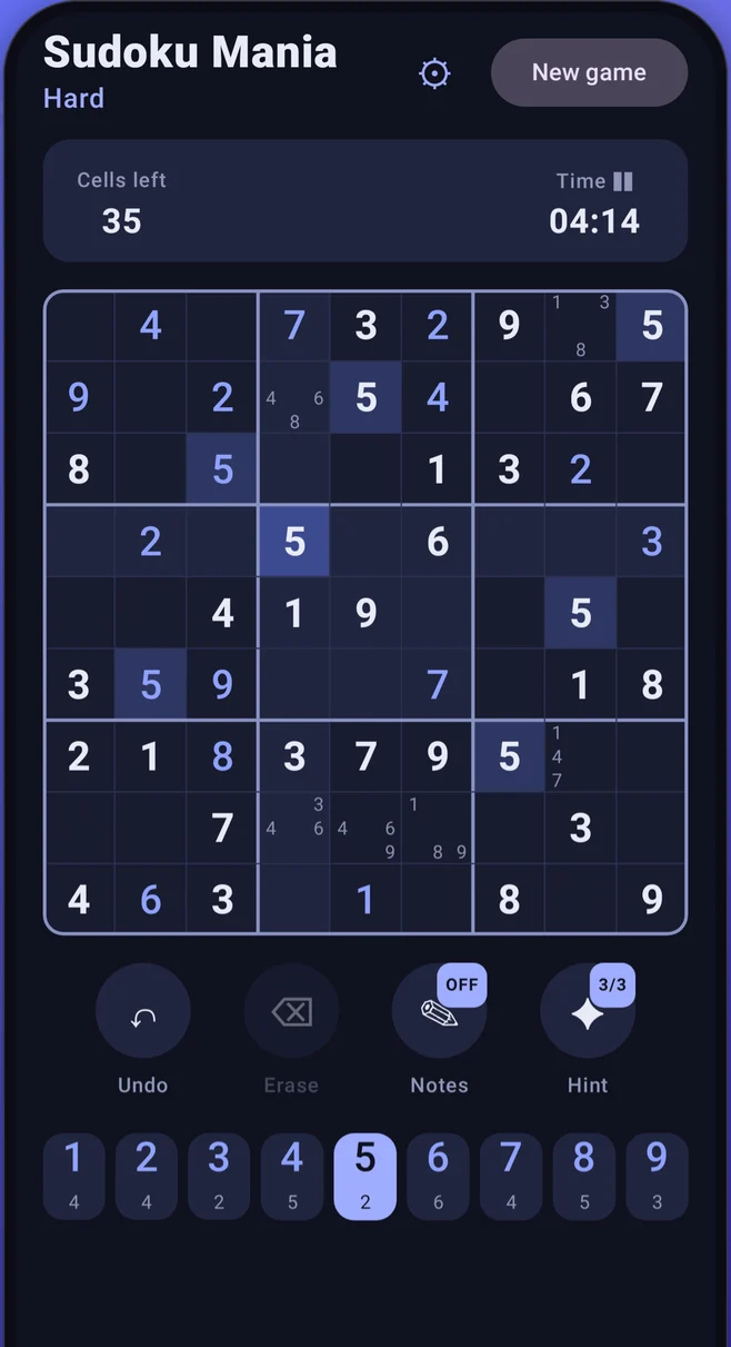 Sudoku Mania game board in dark theme with notes, hints and number pad