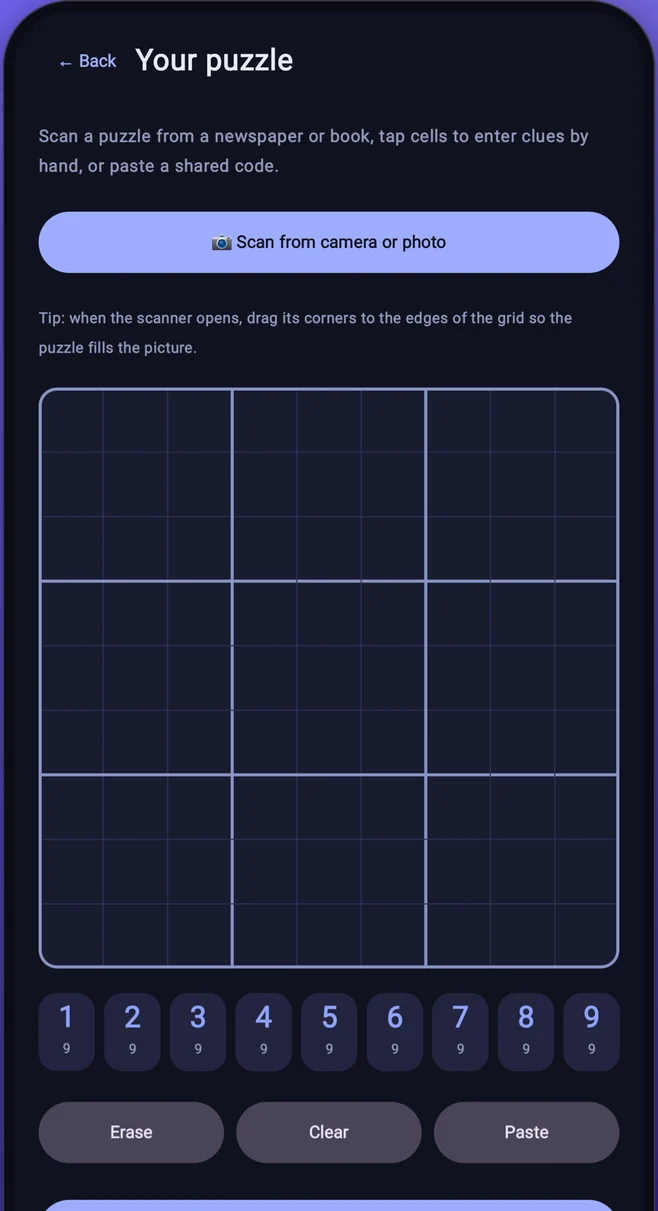 Scan a puzzle screen with camera import, number pad and paste option