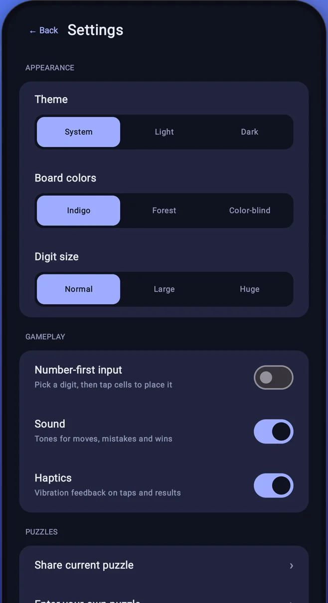 Settings screen showing theme, board colors and digit size options